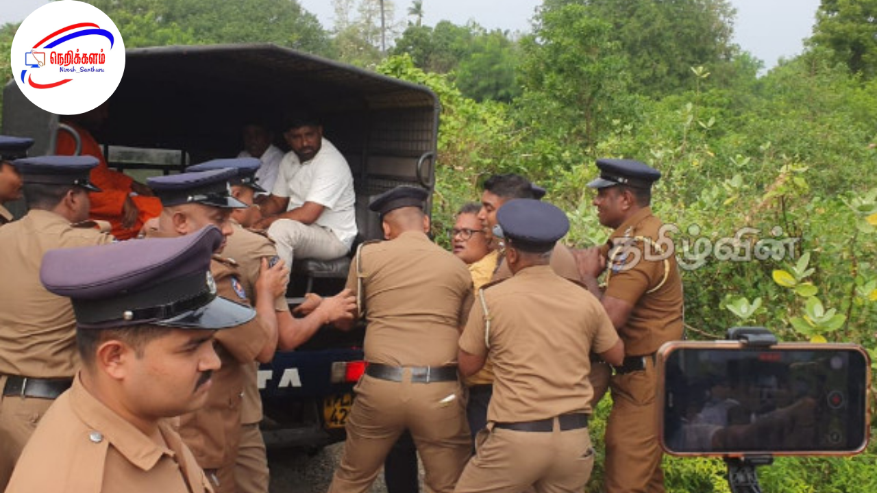யாழ் தையிட்டியில் பெரும் பதற்றம் – சிறீதரன் எம்.பி. தள்ளி விழுத்தப்பட்டார், வேலன் சுவாமிகள் உட்பட 5 பேர் கைது
