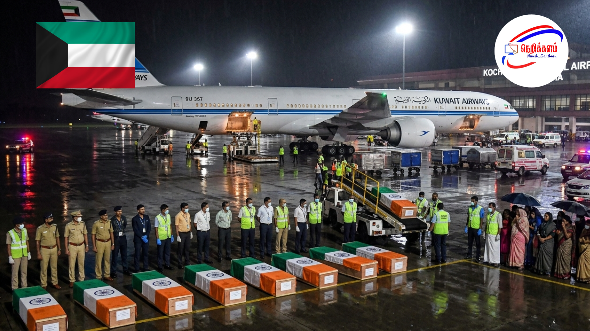 குவைத்தில் உயிரிழந்த 20 இந்தியர்களின் உடல்கள் சிறப்பு விமானத்தில் கொச்சி கொண்டு வரப்பட்டது.