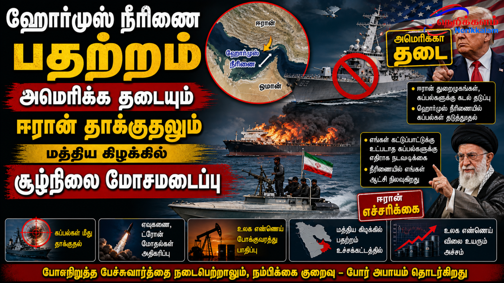 ஹோர்முஸ் நீரிணை பதற்றம் அமெரிக்க தடையும் ஈரான் தாக்குதலும் மத்திய கிழக்கில் சூழ்நிலை மோசமடைப்பு