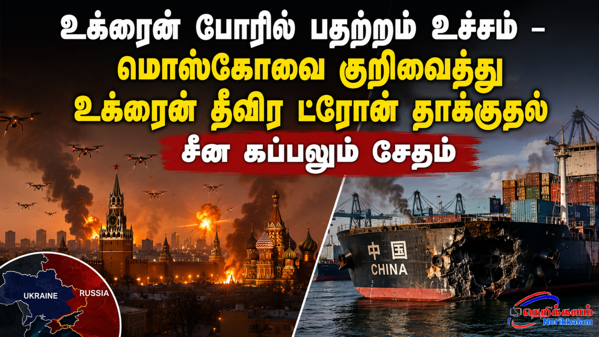 உக்ரைன் போரில் பதற்றம் உச்சம் – மொஸ்கோவை குறிவைத்து உக்ரைன் தீவிர ட்ரோன் தாக்குதல் சீன கப்பலும் சேதம்